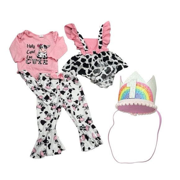 Baby Girl Holy Cow I’m ONE Farm Birthday Outfit Matching Sets Size 9-12 Months - Picture 1 of 7